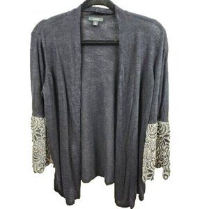 Alfani Womens BOHO Cascading Cardigan Medium Black Linen Blend Lace Bell Sleeve